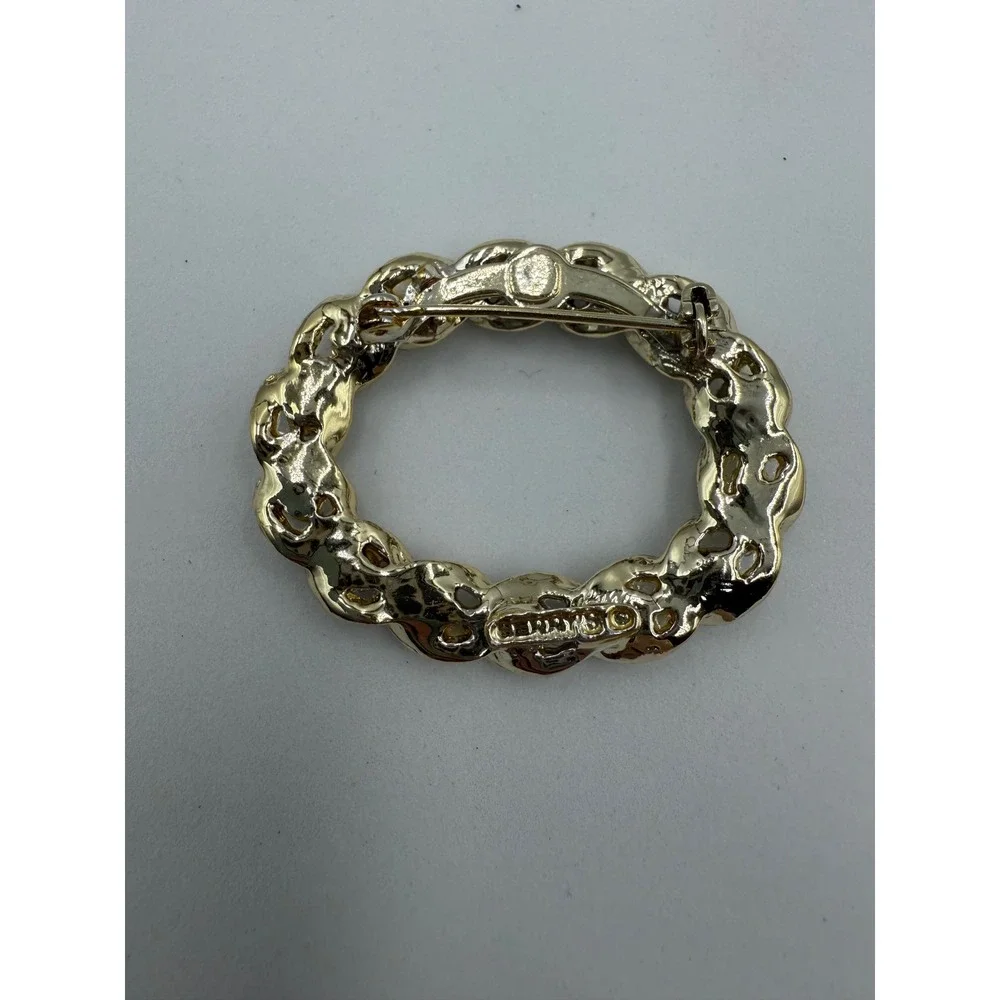 Gerrys Vintage Gold Tone Wreath Brooch Faux Pearl Teal Rhinestone‎ Pin Oval